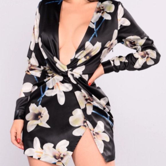 FASHION NOVA Sugar Sweet Satin Dress (Sold Out) - Black (Floral) - Size M - Picture 7 of 7